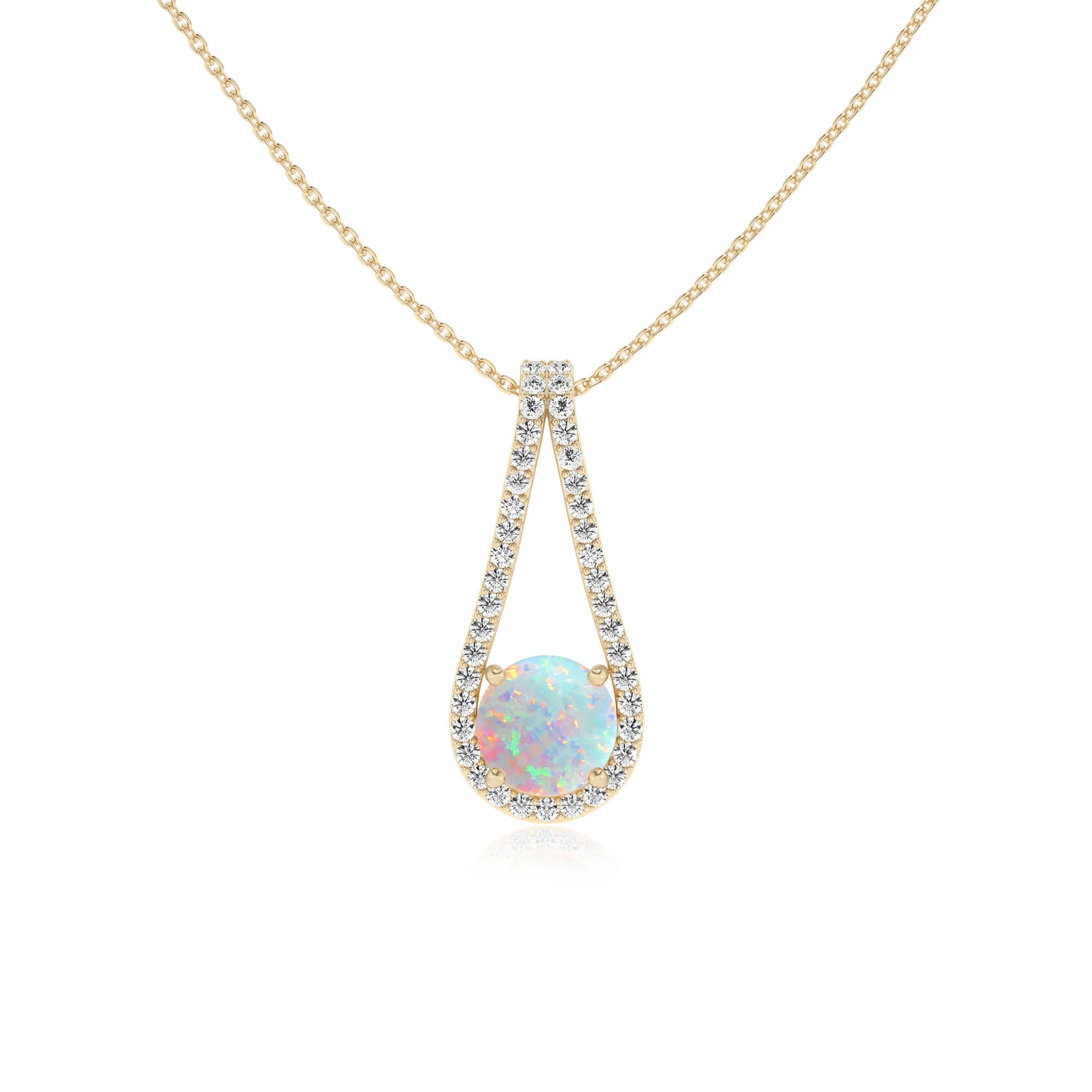 lab grown opal round solitaire v-bale necklaces in yellow gold 