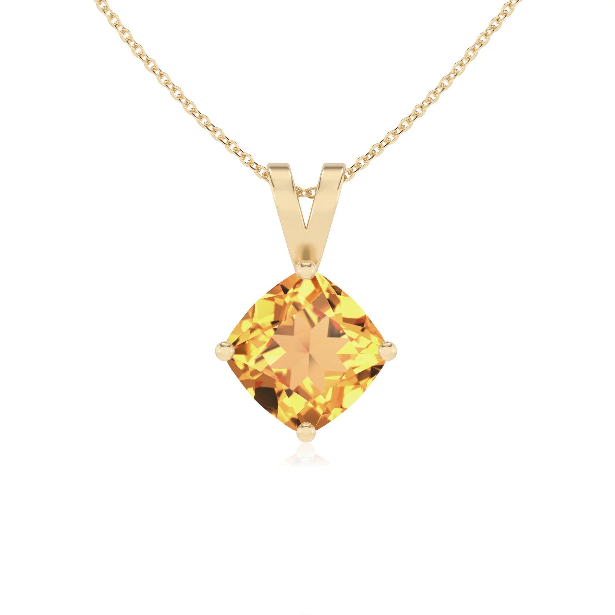 lab grown citrine cushion solitaire v-bale necklaces in yellow gold 