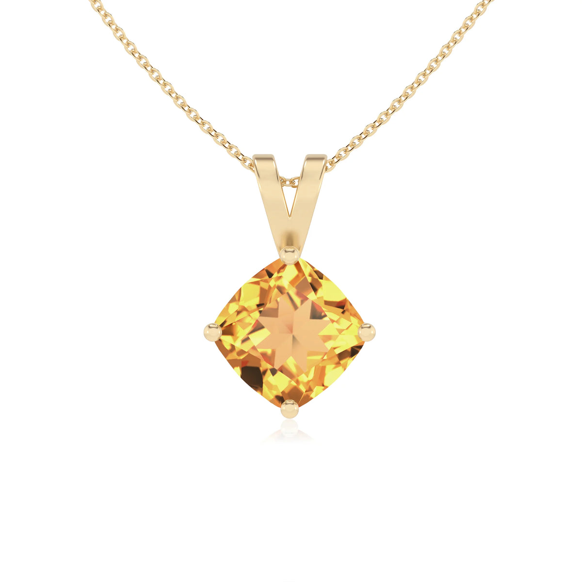 lab grown citrine cushion solitaire v-bale necklaces in yellow gold 