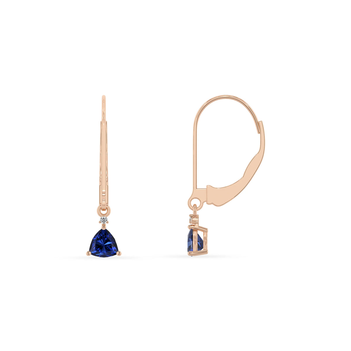 lab grown blue sapphire trillion drop earrings in rose gold 