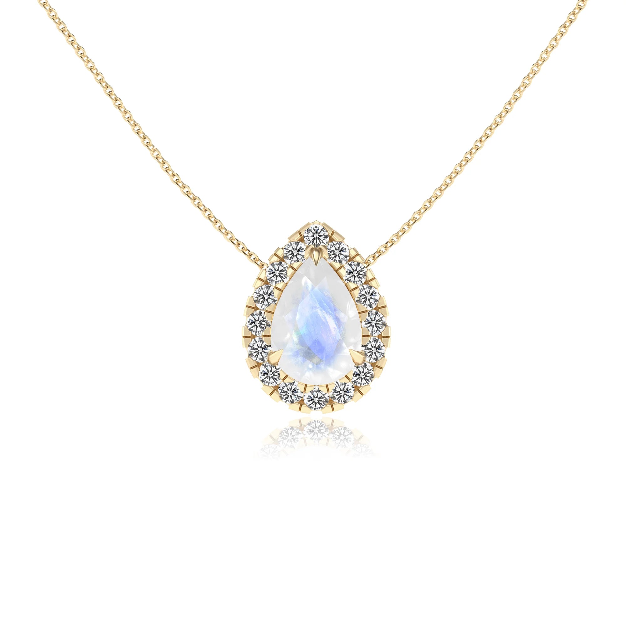 natural rainbow moonstone pear solitaire necklaces in yellow gold 