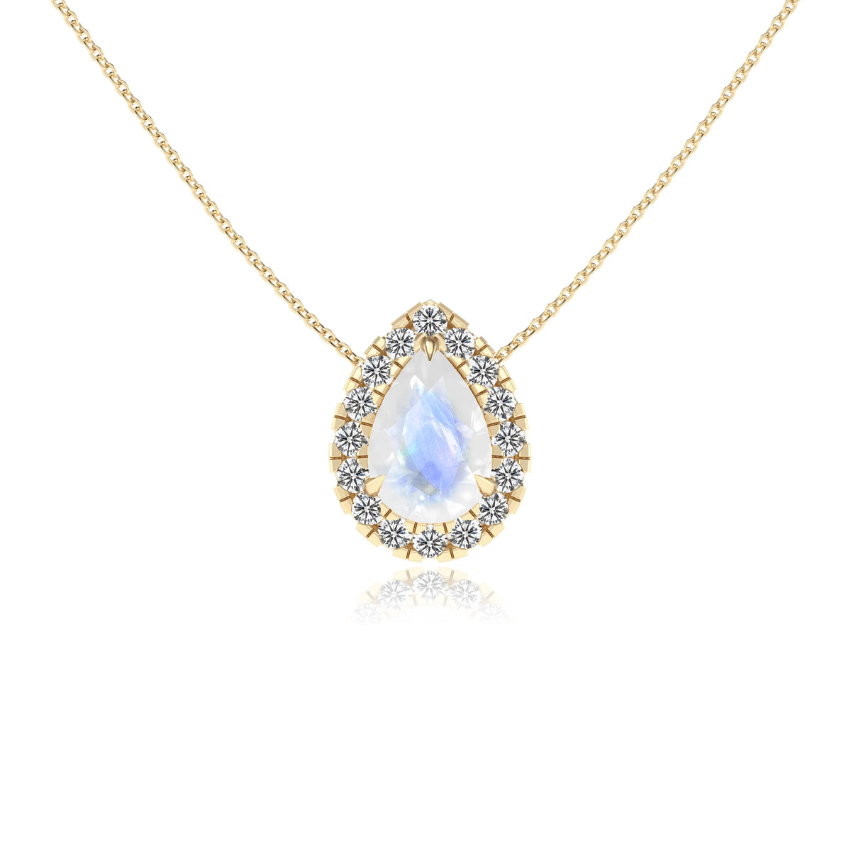 natural rainbow moonstone pear solitaire necklaces in yellow gold 