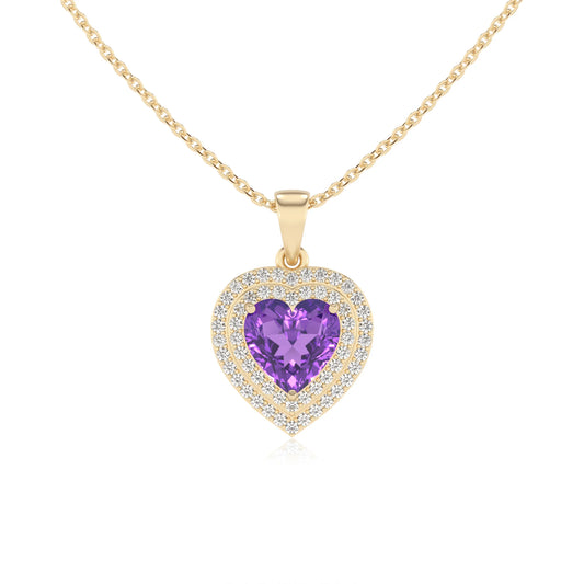 lab grown amethyst heart halo necklaces in yellow gold 