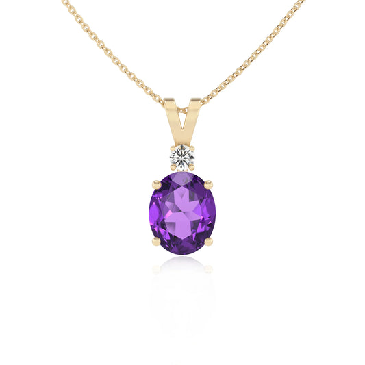 lab grown amethyst oval solitaire v-bale necklaces in yellow gold 