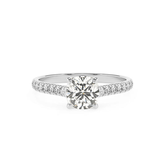 lab grown moissanite cushion half eternity solitaire engagement rings in white gold 