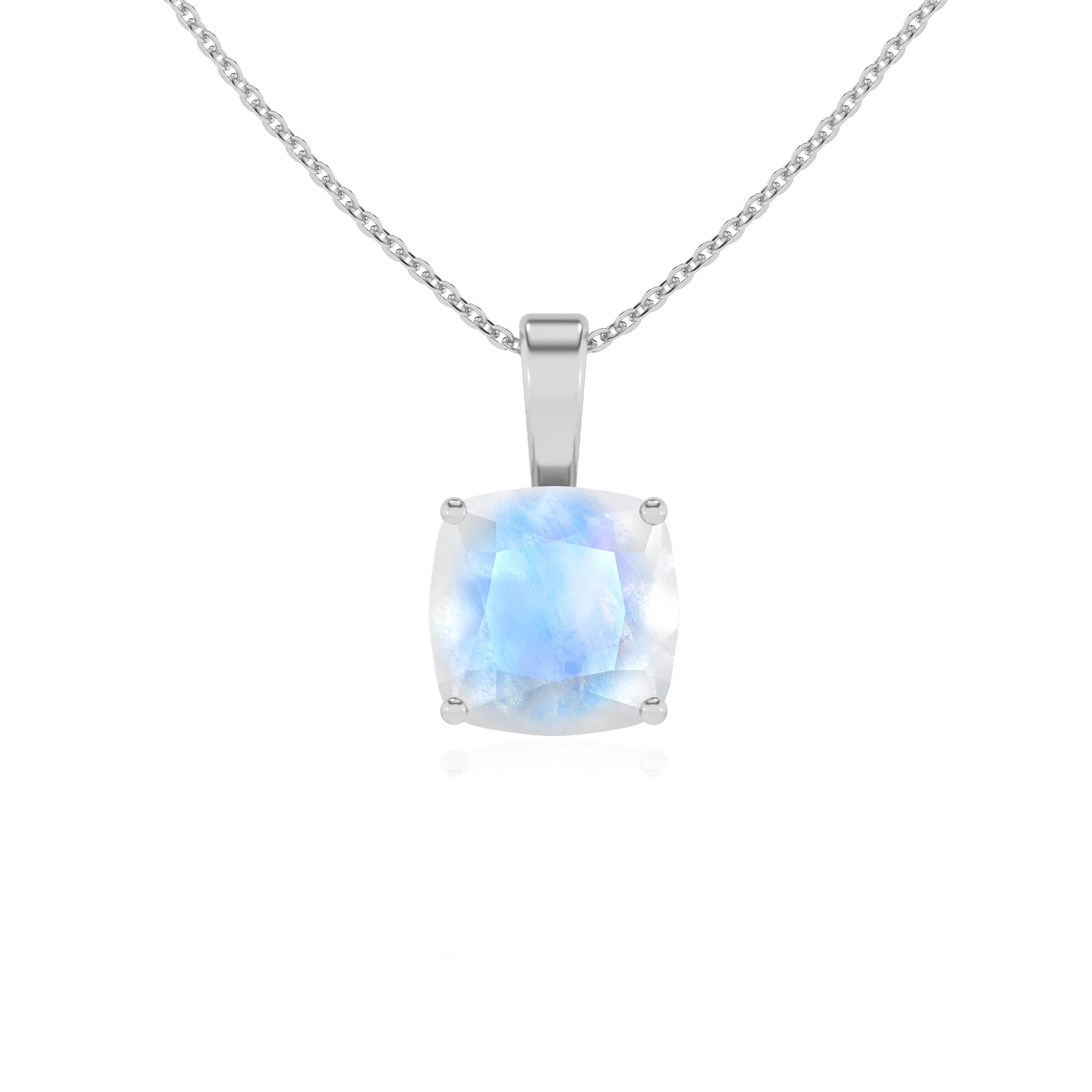 natural rainbow-moonstone cushion solitaire necklaces in platinum 