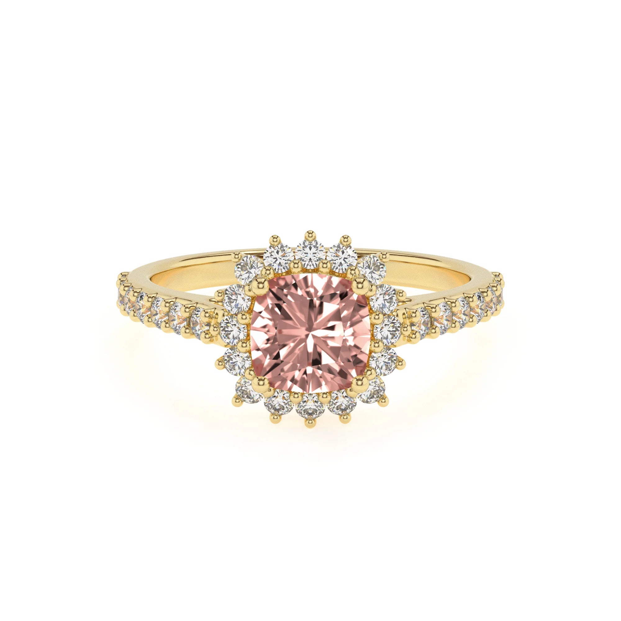 lab grown morganite cushion solitaire rings in yellow gold 