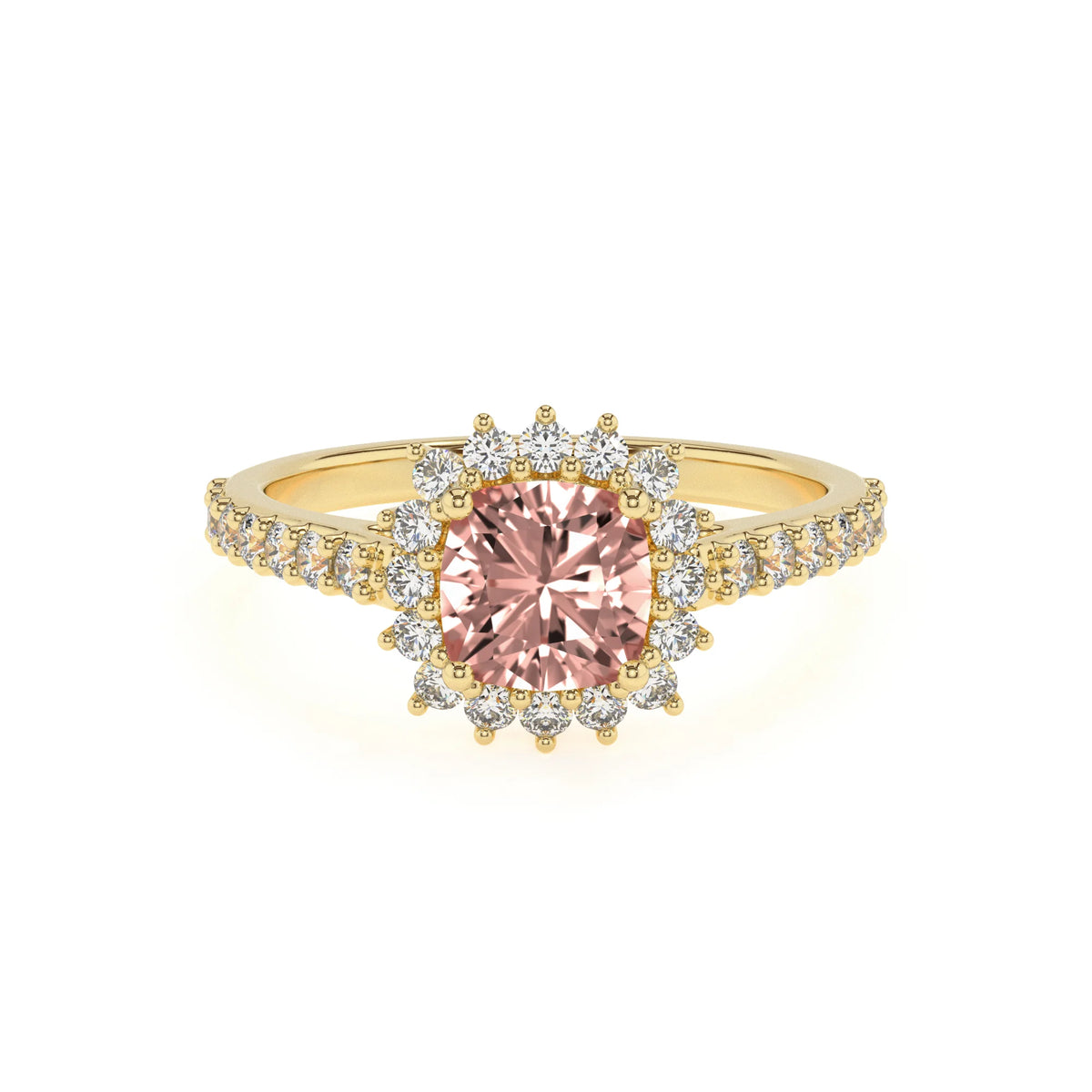 lab grown morganite cushion solitaire rings in yellow gold 