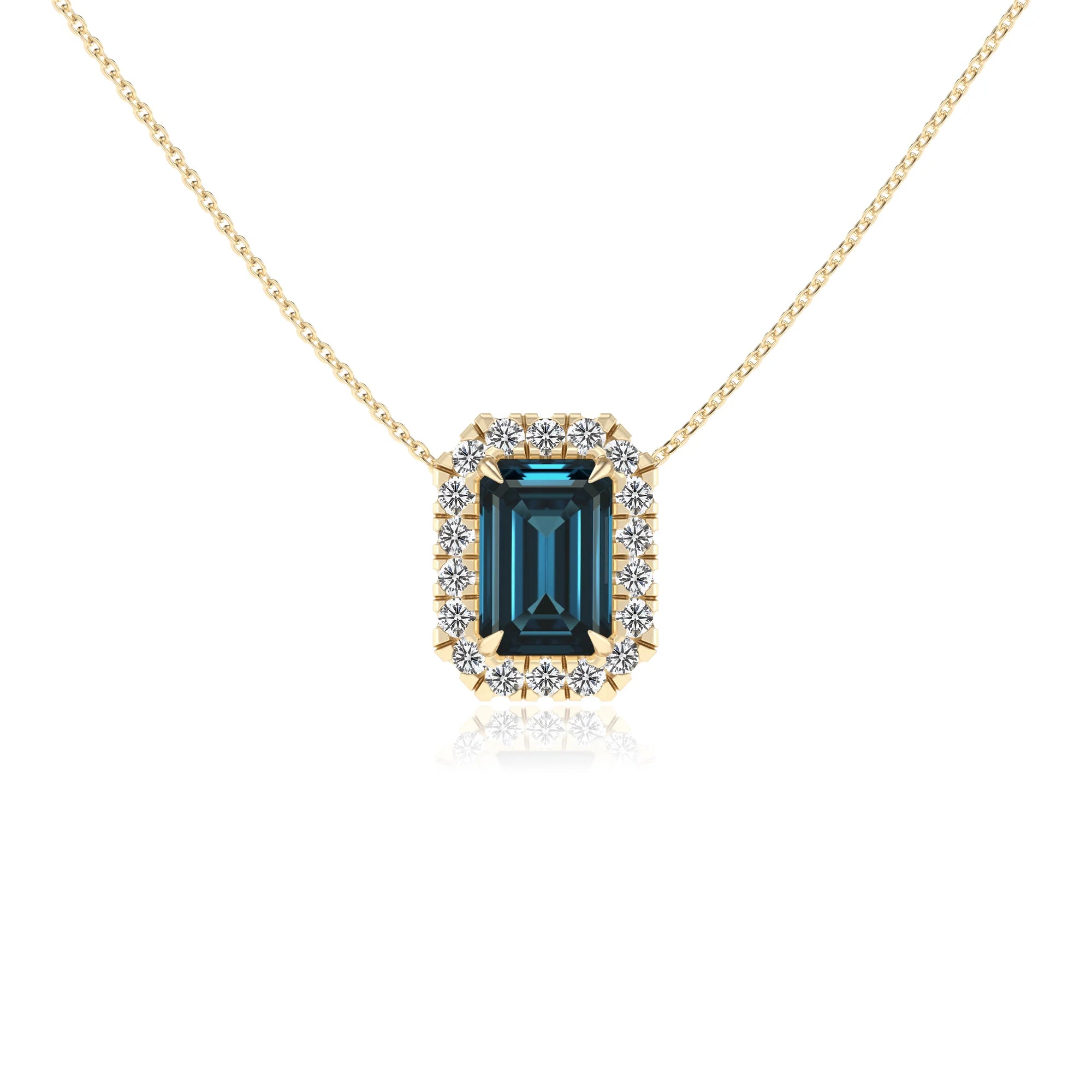 natural london blue topaz emerald cut solitaire necklaces in yellow gold 