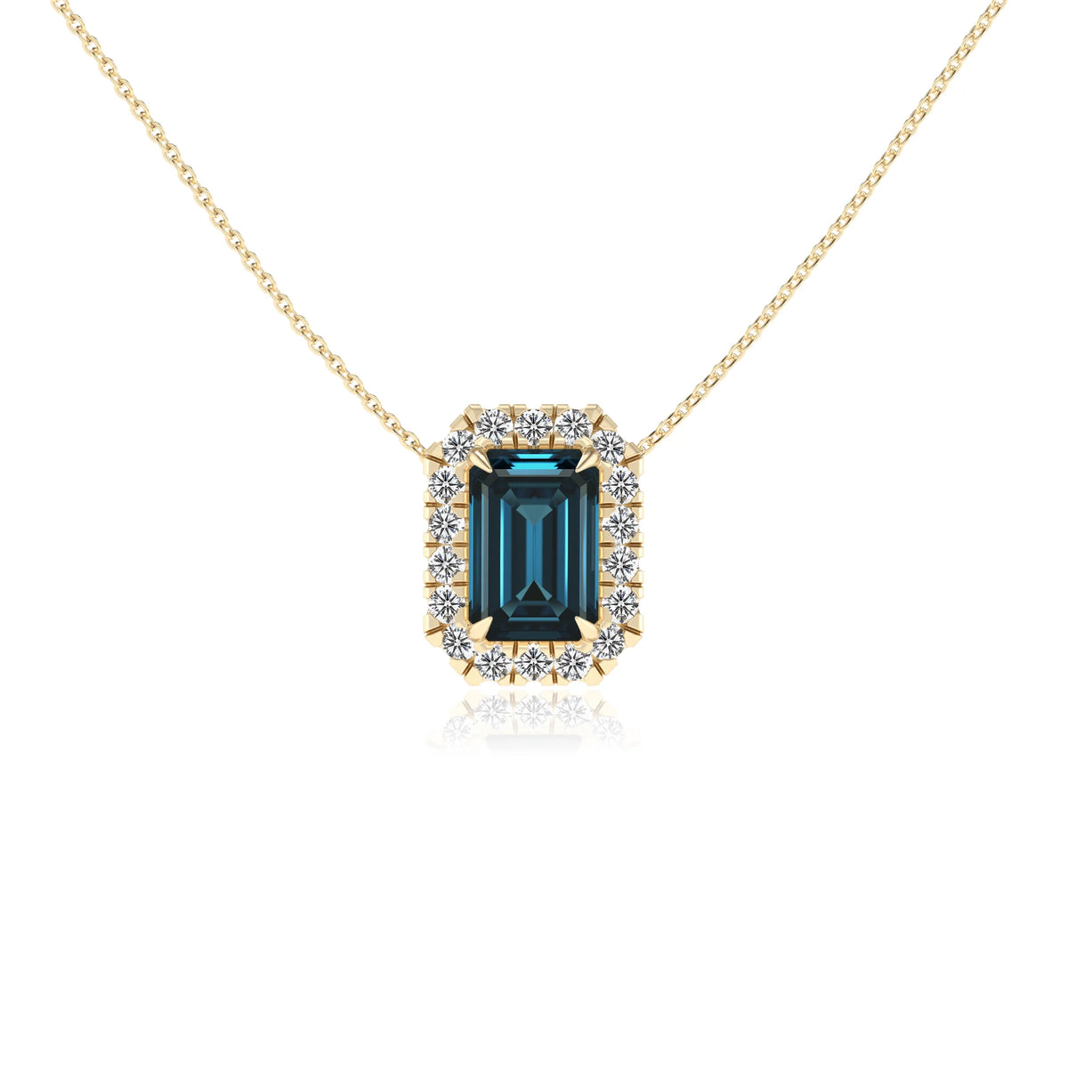 natural london blue topaz emerald cut solitaire necklaces in yellow gold 