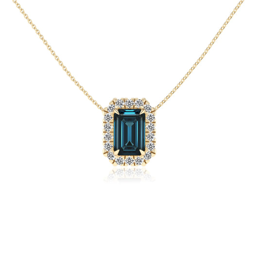 natural london blue topaz emerald cut solitaire necklaces in yellow gold 
