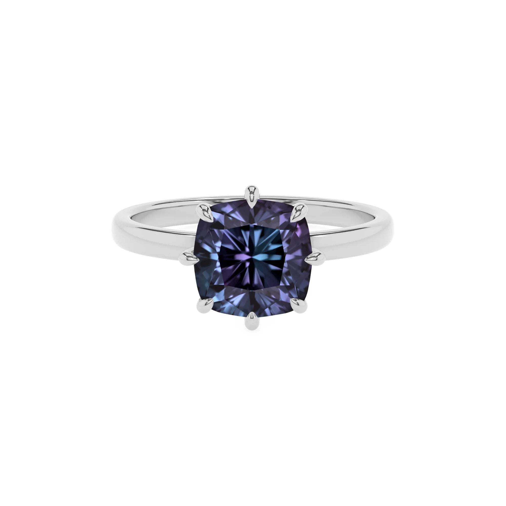 lab grown alexandrite cushion solitaire rings in white gold 