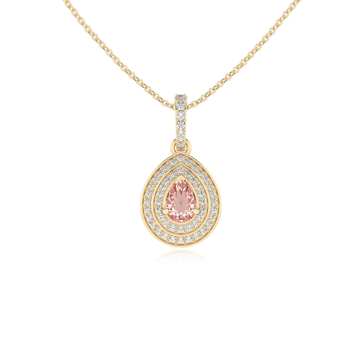 lab grown morganite pear halo necklaces in yellow gold 