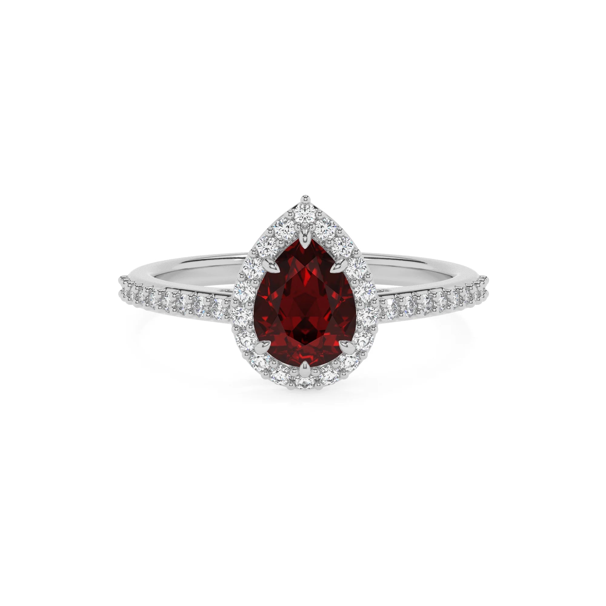 natural garnet pear solitaire rings in white gold 