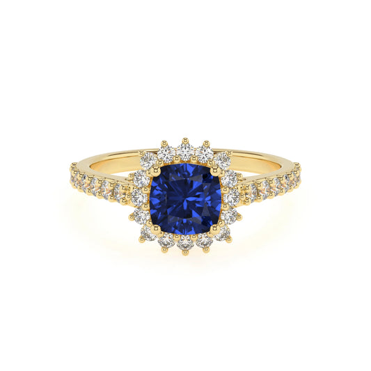 lab grown blue-sapphire cushion solitaire rings in yellow gold 