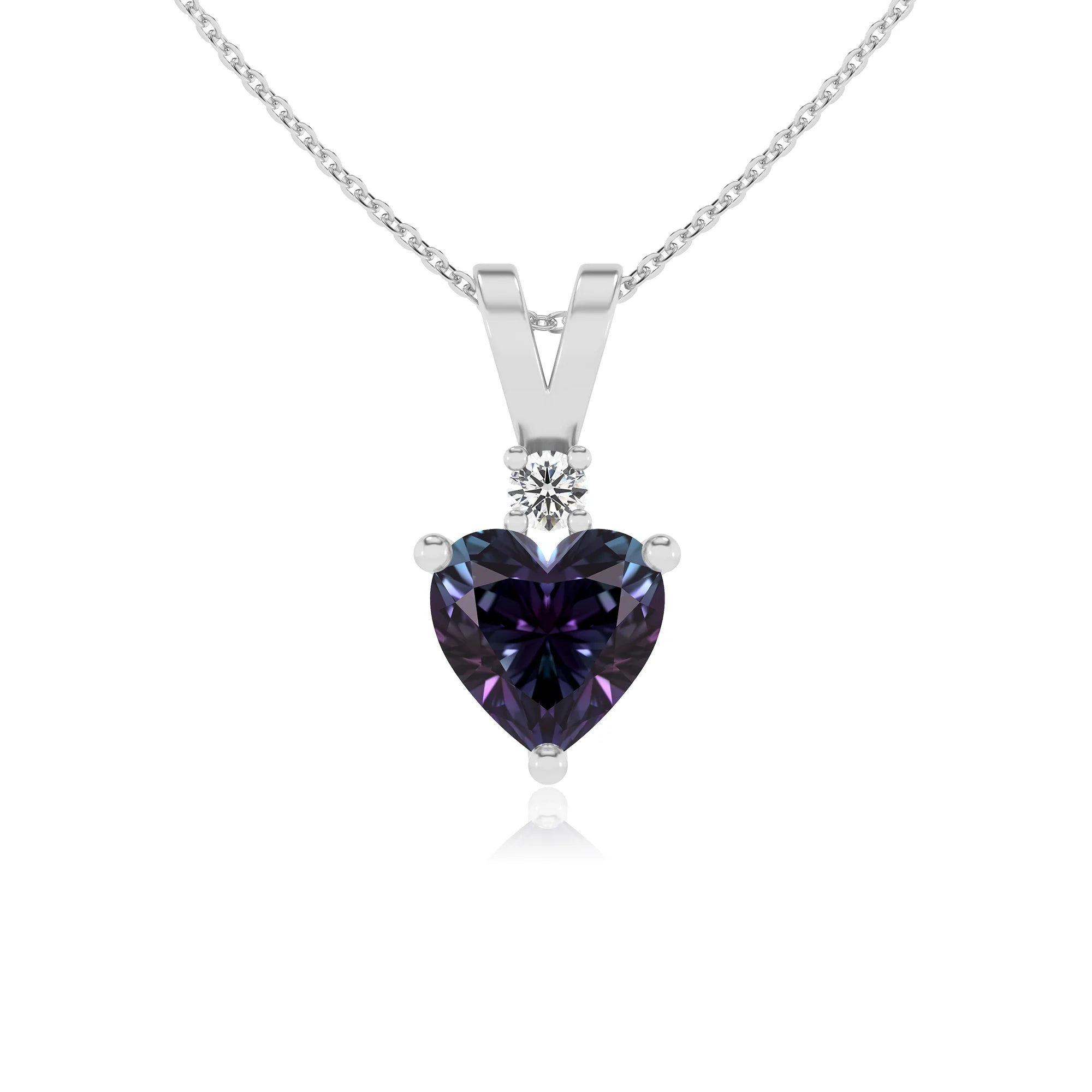 lab grown alexandrite heart solitaire v-bale necklaces in white gold 