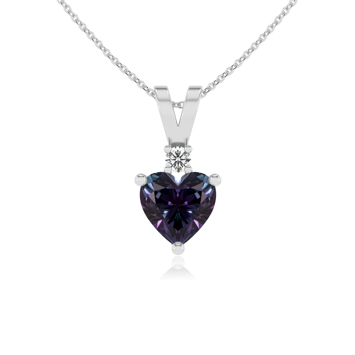 lab grown alexandrite heart solitaire v-bale necklaces in white gold 
