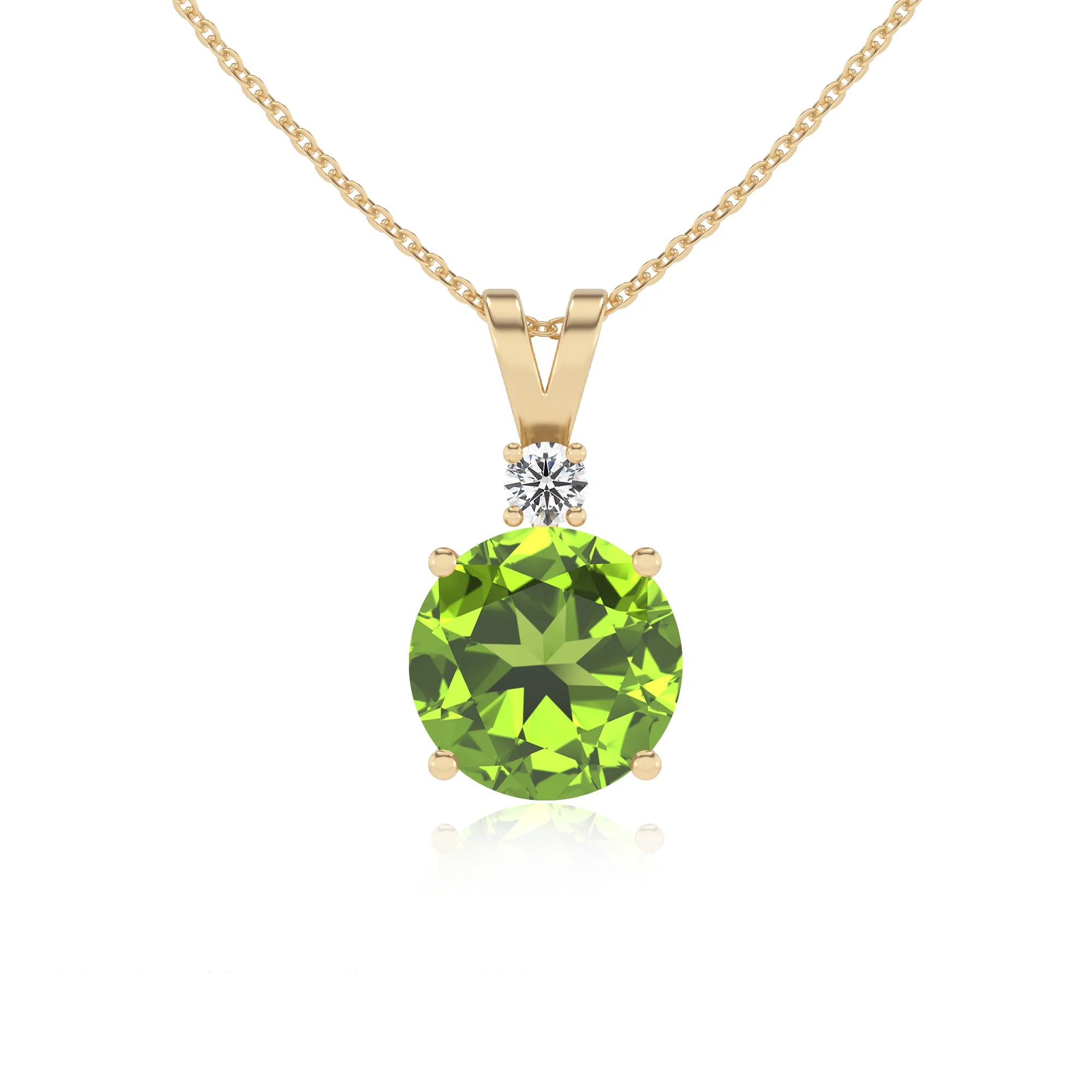 natural peridot round solitaire v-bale necklaces in yellow gold 