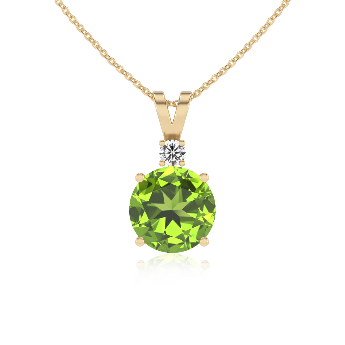 natural peridot round solitaire v-bale necklaces in yellow gold 