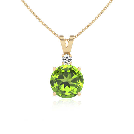natural peridot round solitaire v-bale necklaces in yellow gold 