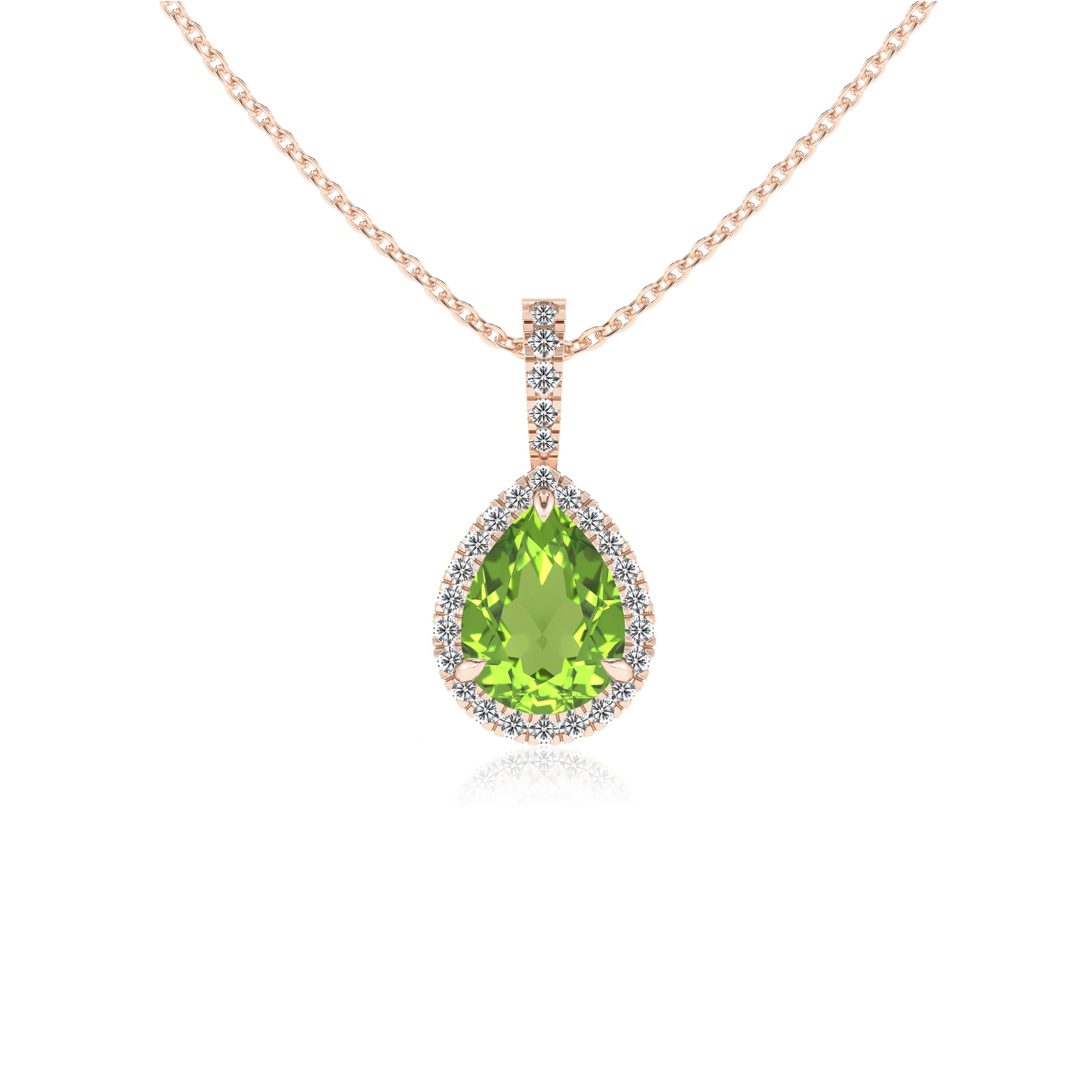 natural peridot pear solitaire necklaces in rose gold 