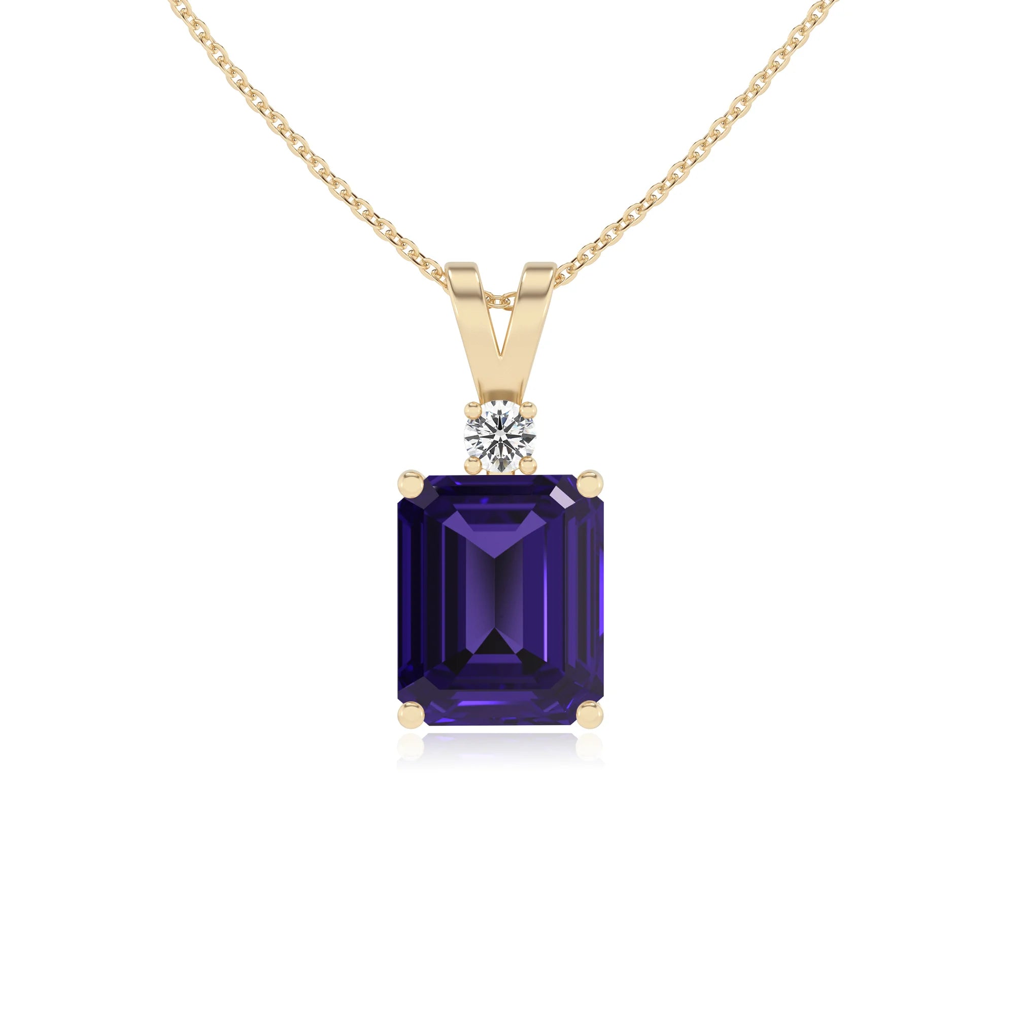 lab grown tanzanite emerald cut solitaire v-bale necklaces in yellow gold 
