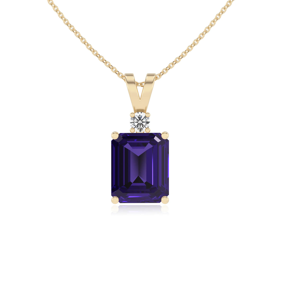 lab grown tanzanite emerald cut solitaire v-bale necklaces in yellow gold 