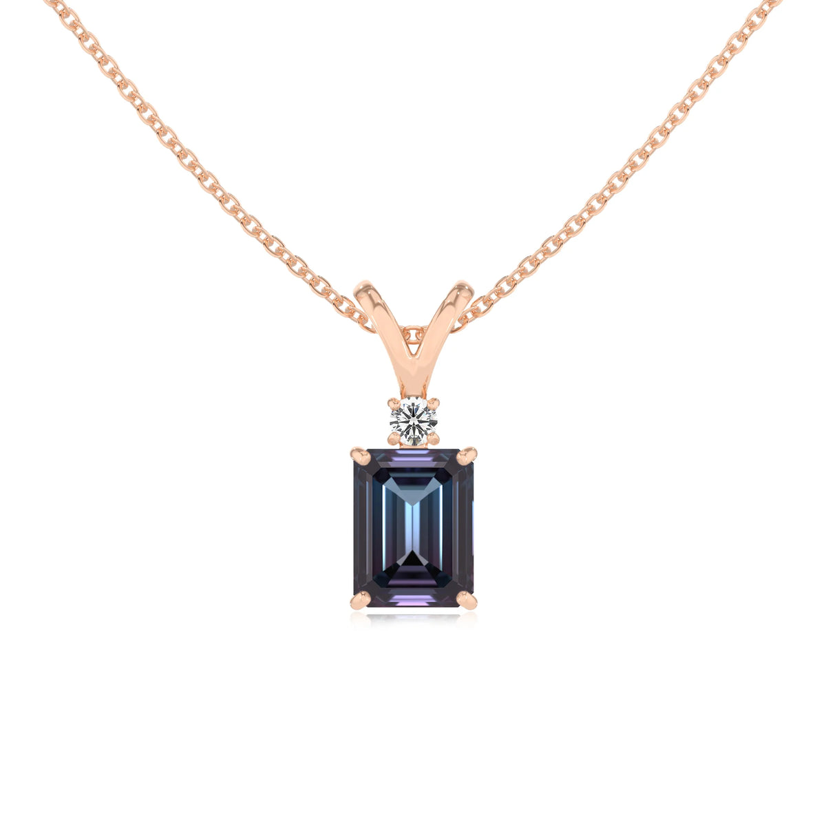 lab grown alexandrite emerald cut solitaire v-bale necklaces in rose gold 