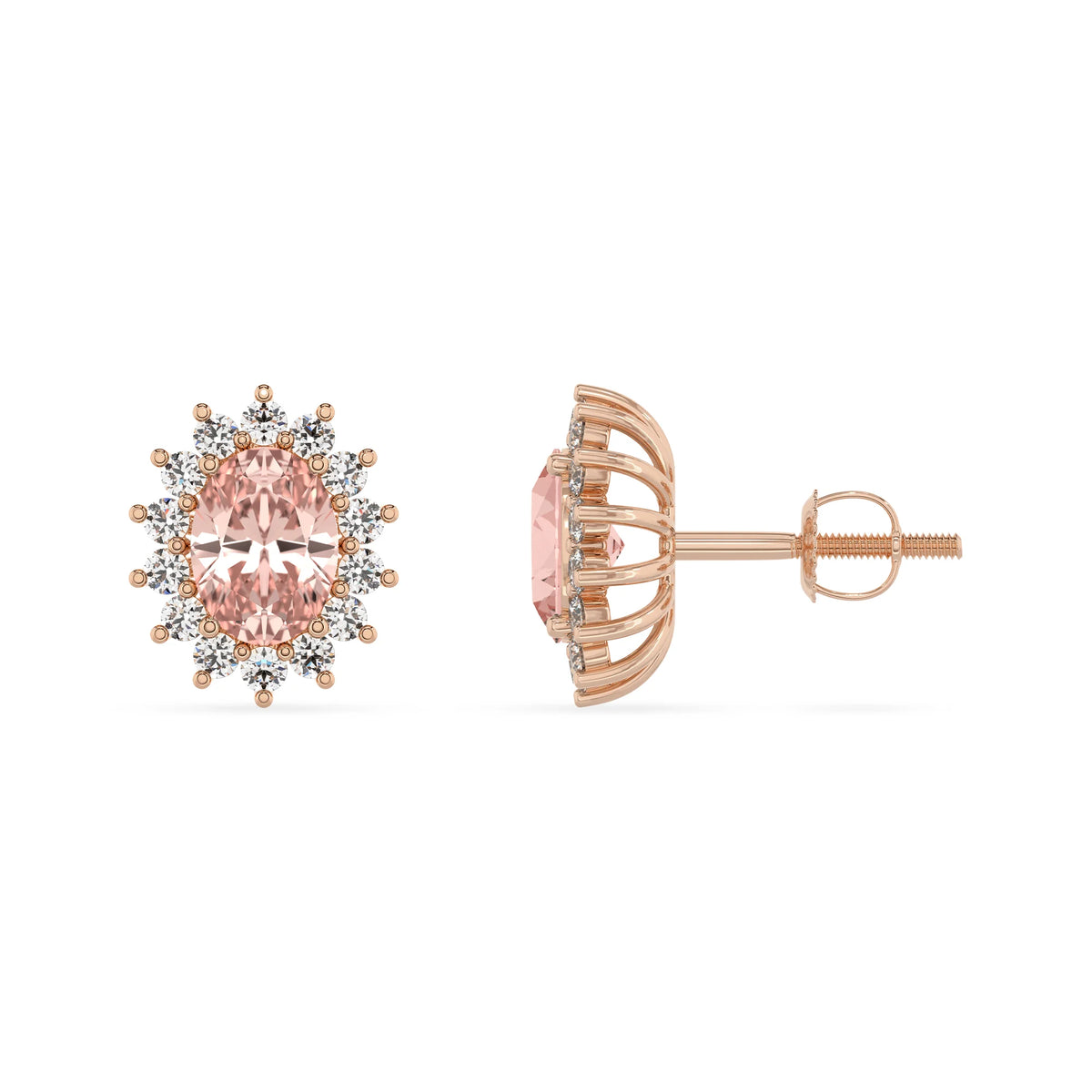 lab grown morganite oval stud earrings in rose gold 