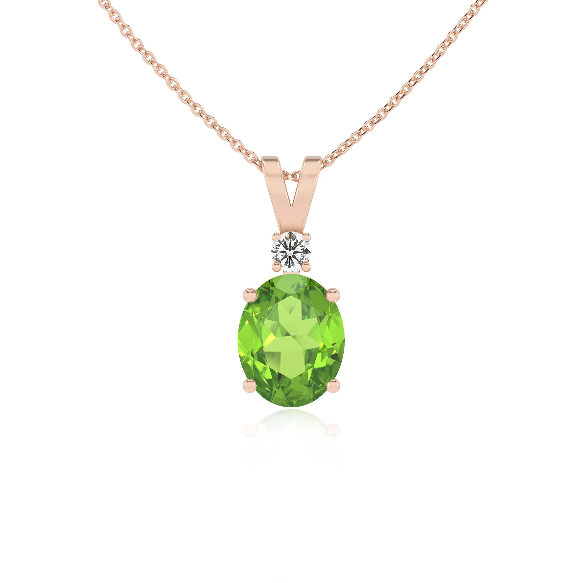 natural peridot oval solitaire v-bale necklaces in rose gold 