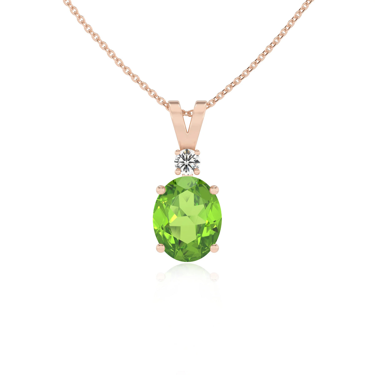 natural peridot oval solitaire v-bale necklaces in rose gold 