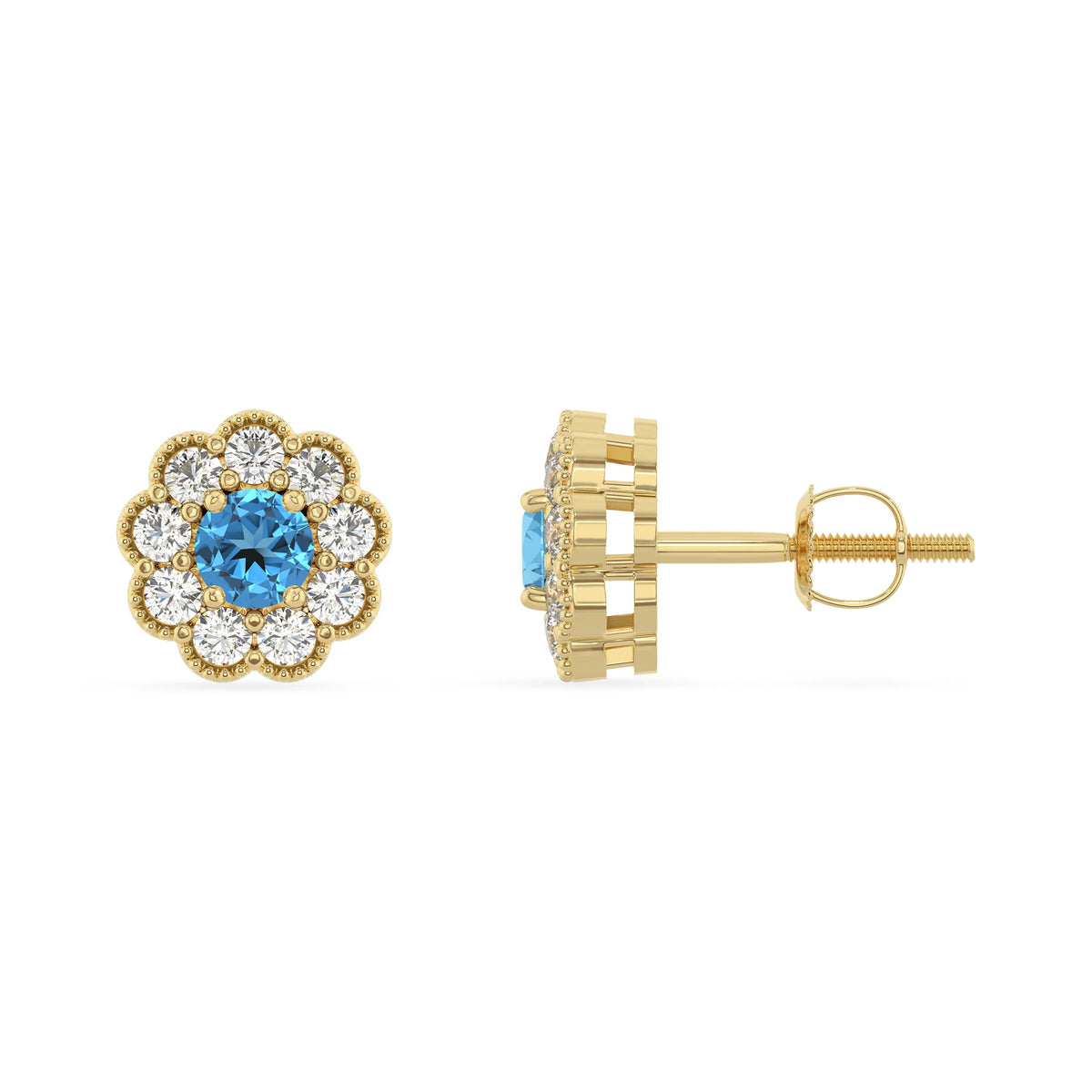 natural swiss blue topaz round stud earrings in yellow gold 