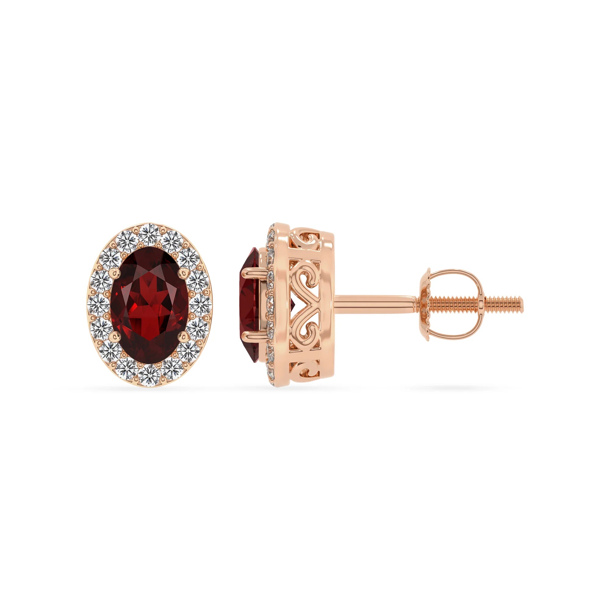 natural garnet oval stud earrings in rose gold 