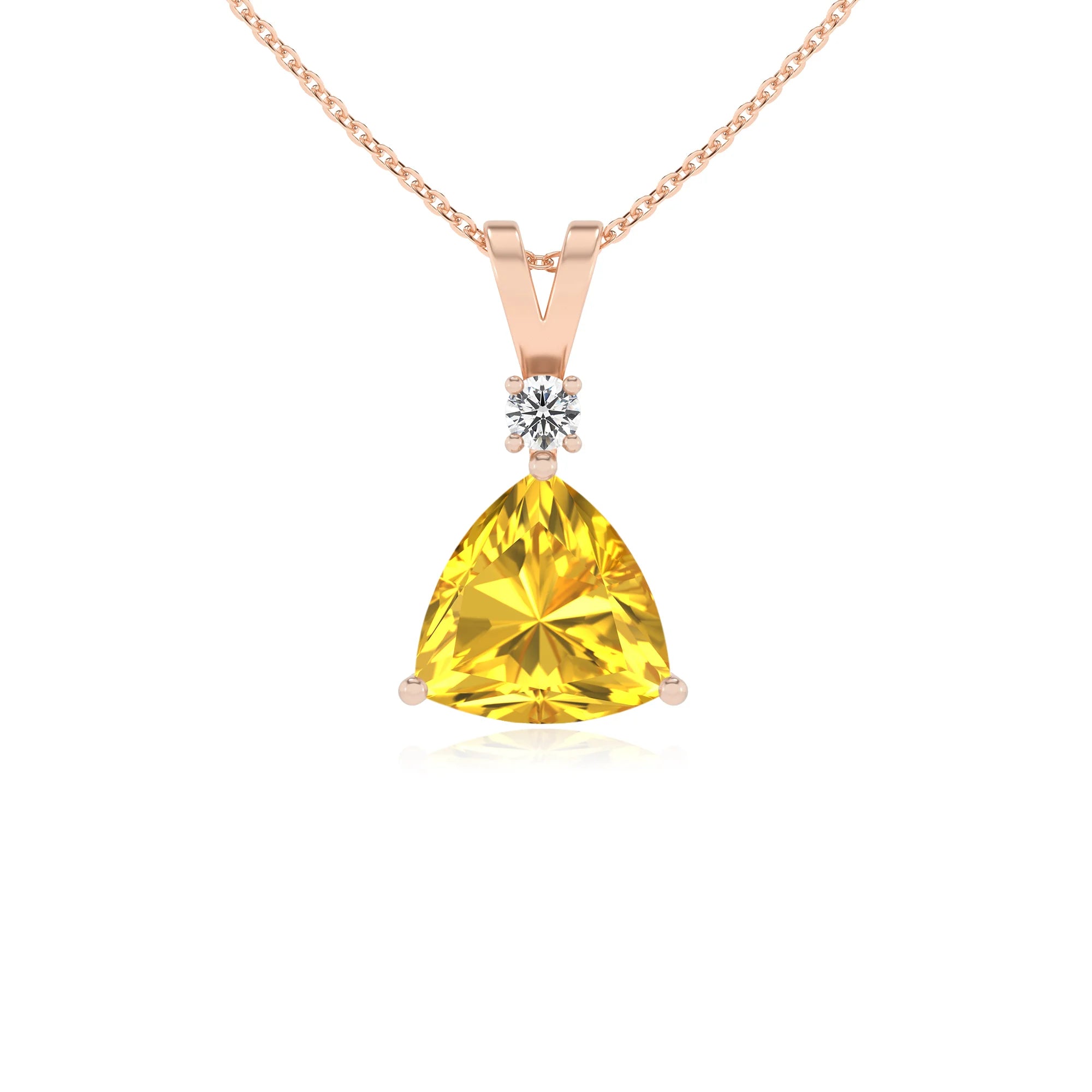 lab grown yellow-sapphire trillion solitaire v-bale necklaces in rose gold 