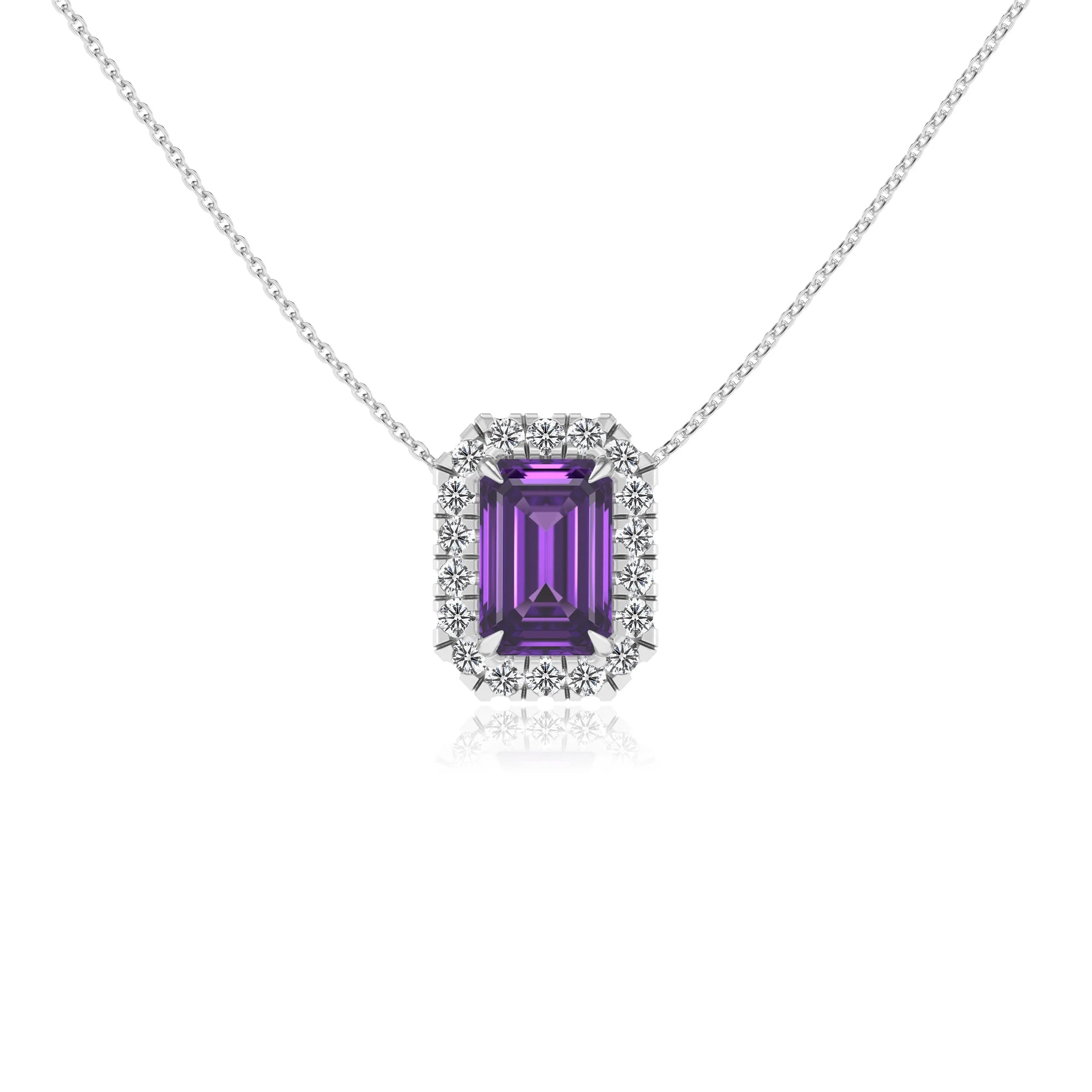 lab grown amethyst emerald cut solitaire necklaces in platinum 