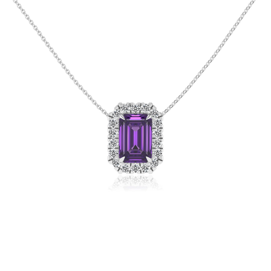 lab grown amethyst emerald cut solitaire necklaces in platinum 