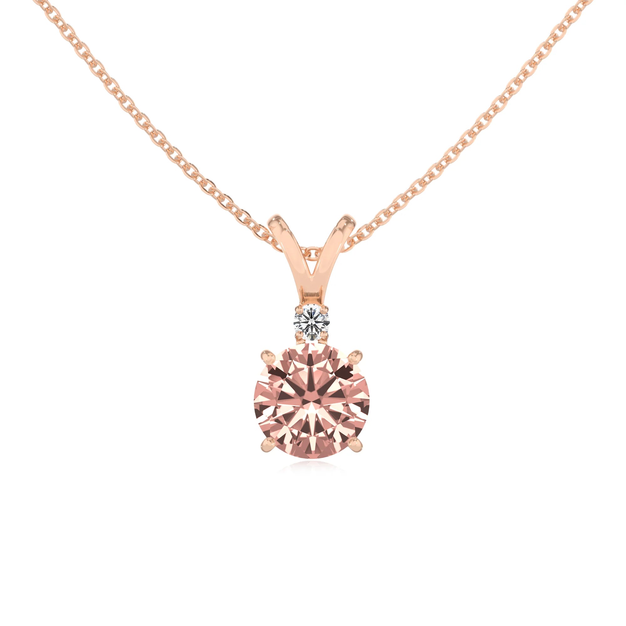 lab grown morganite round solitaire v-bale necklaces in rose gold 