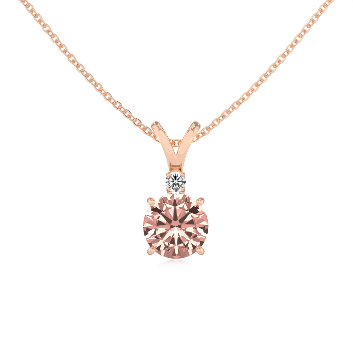lab grown morganite round solitaire v-bale necklaces in rose gold 