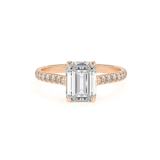 lab grown moissanite emerald cut half eternity solitaire engagement rings in rose gold 