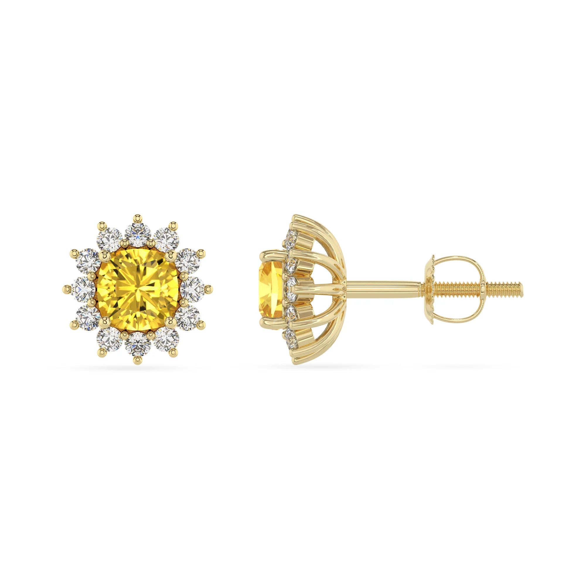 lab grown yellow sapphire cushion stud earrings in yellow gold 