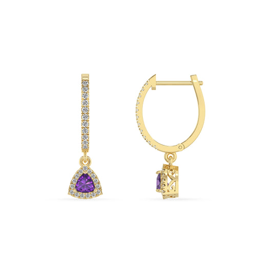 lab grown amethyst trillion drop earrings in yellow gold 