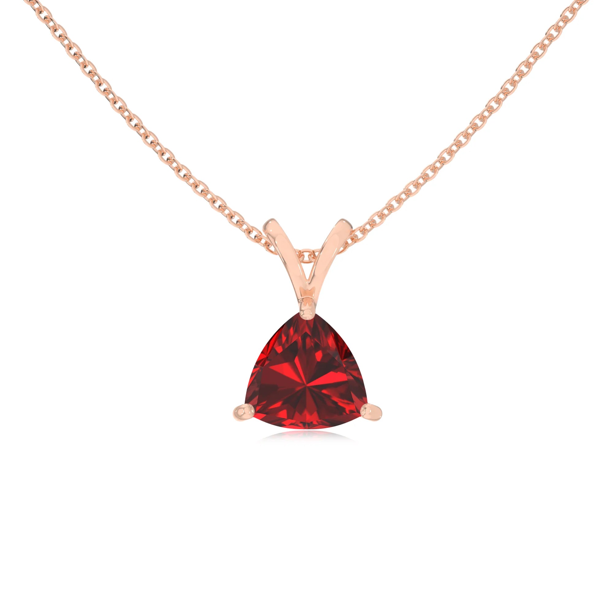 lab grown ruby trillion solitaire v-bale necklaces in rose gold 