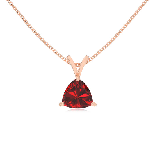 lab grown ruby trillion solitaire v-bale necklaces in rose gold 