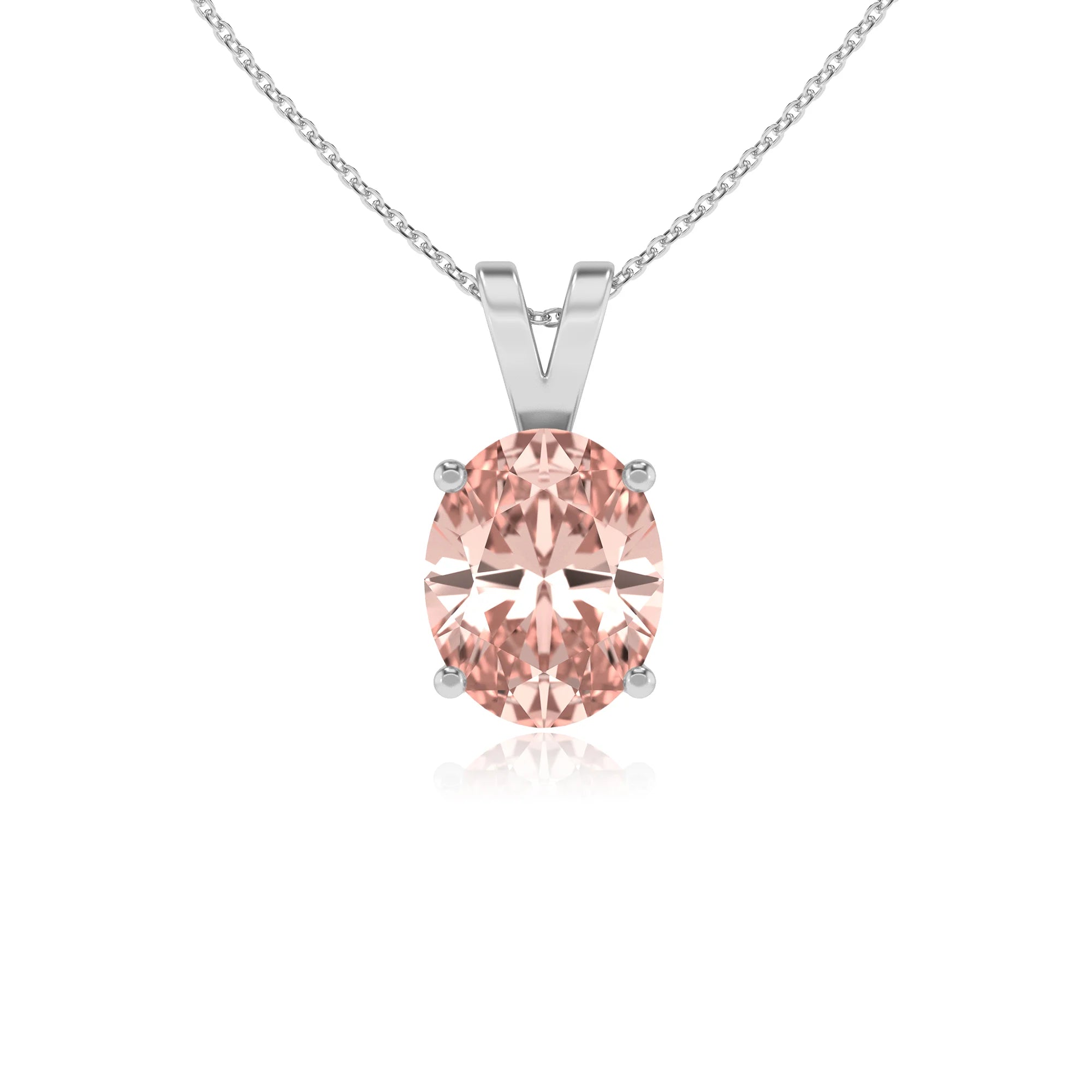 lab grown morganite oval solitaire v-bale necklaces in white gold 