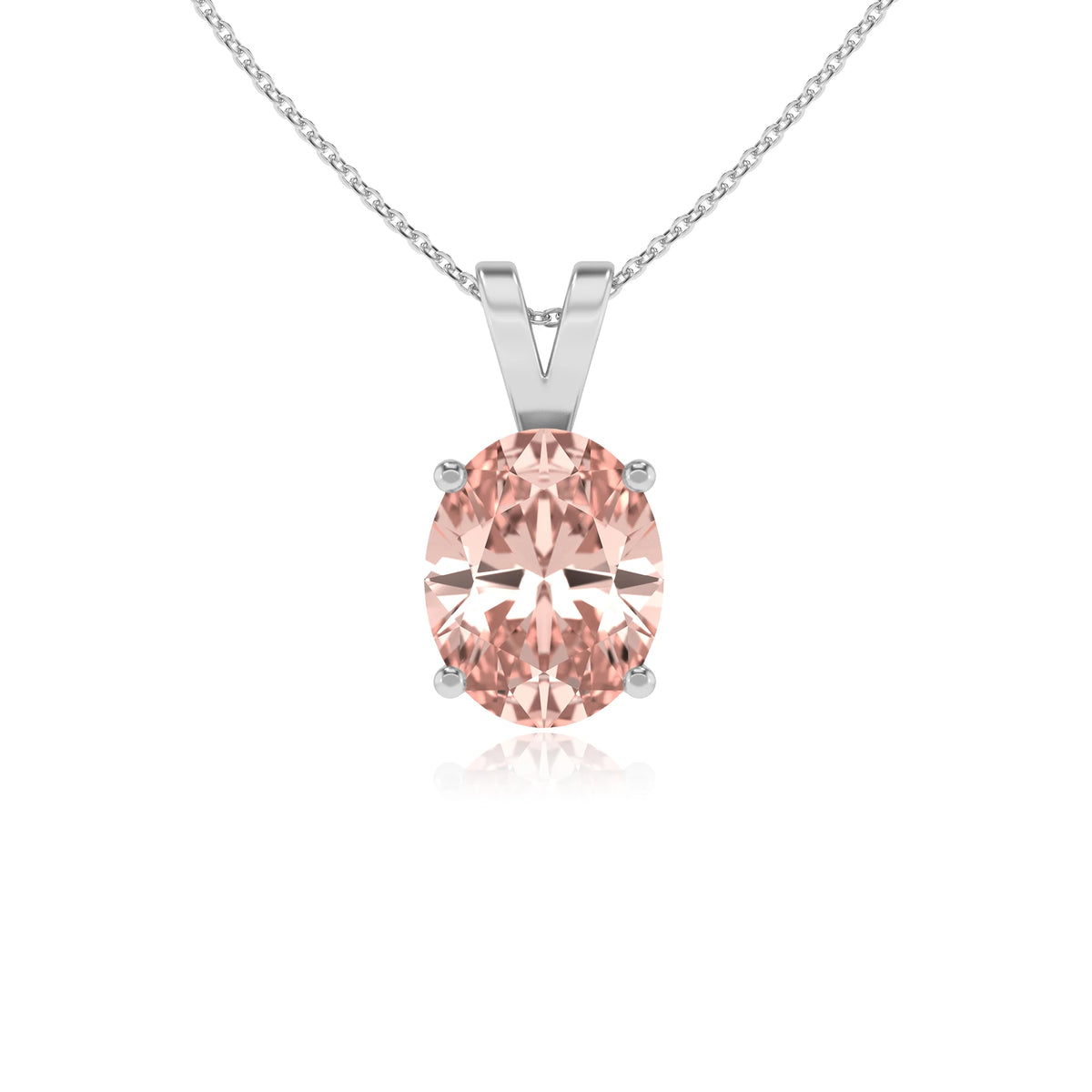 lab grown morganite oval solitaire v-bale necklaces in white gold 
