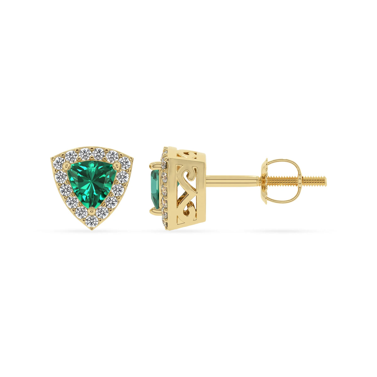 lab grown emerald trillion stud earrings in yellow gold 