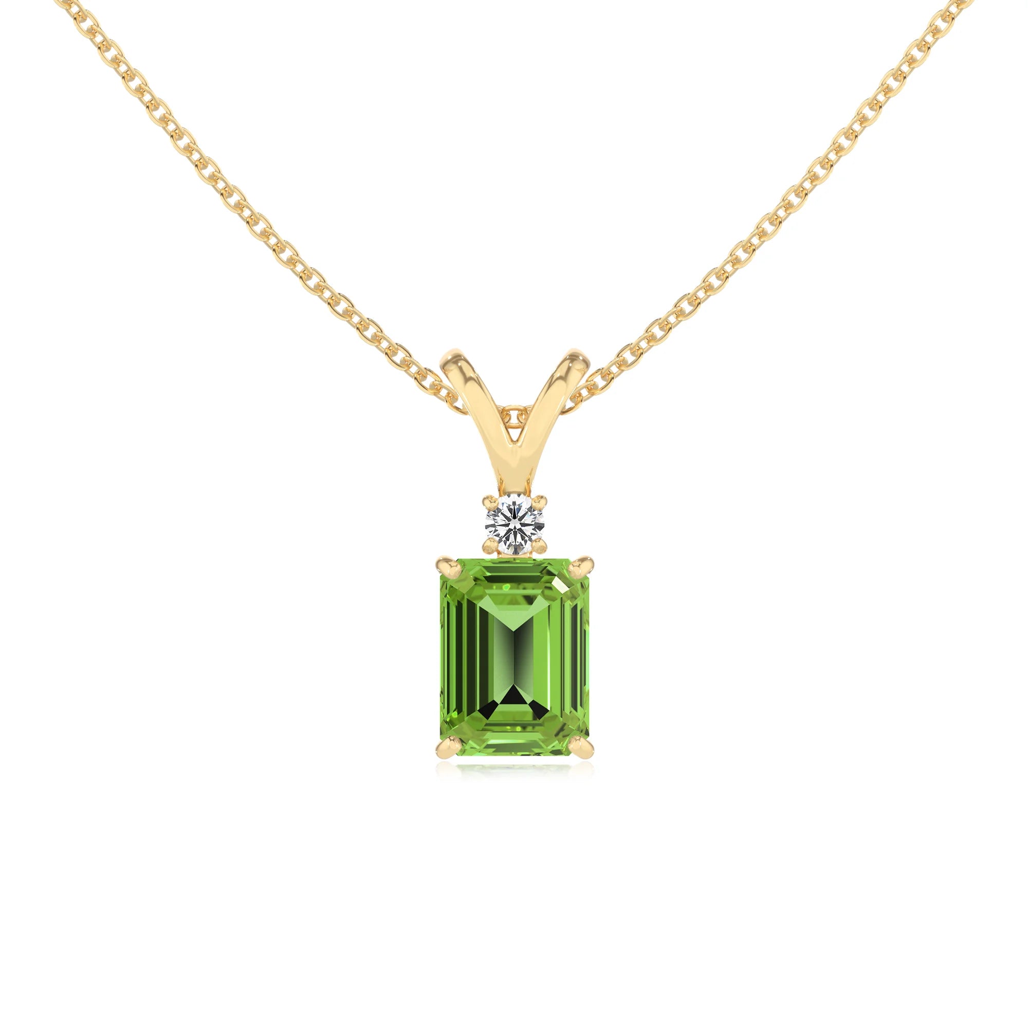 natural peridot emerald cut solitaire v-bale necklaces in yellow gold 
