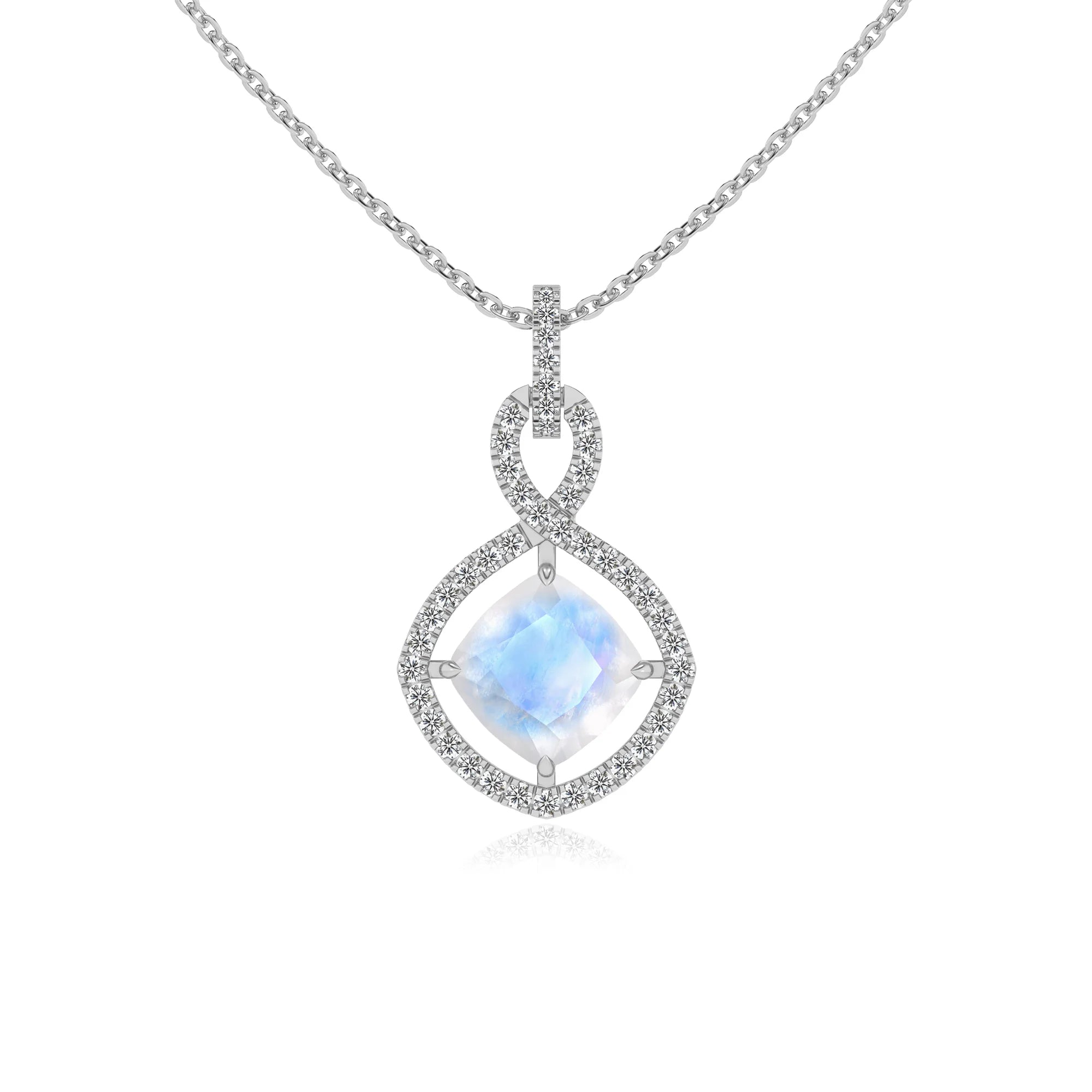 natural rainbow-moonstone cushion infinity necklaces in white gold 