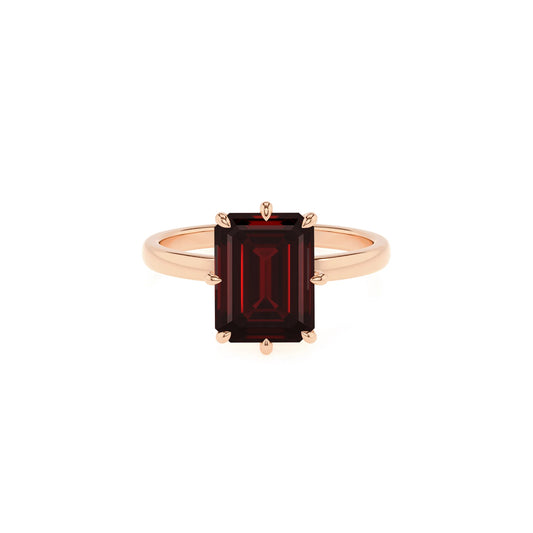 natural garnet emerald cut solitaire rings in rose gold 