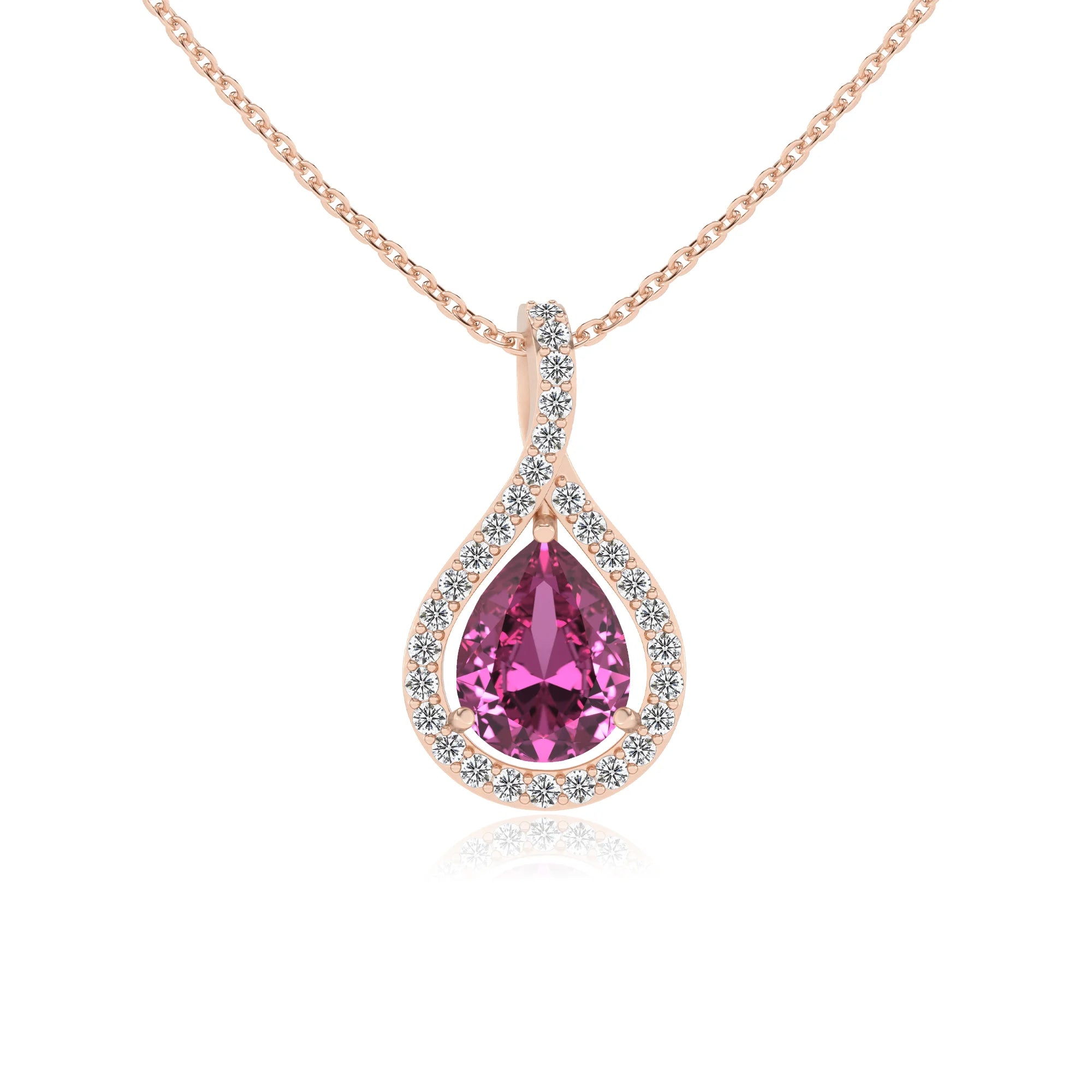 lab grown pink-sapphire pear solitaire necklaces in rose gold 